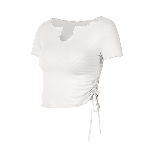 Women's Drawstring Short Sleeve U-Neck Fitness Yoga T-Shirt