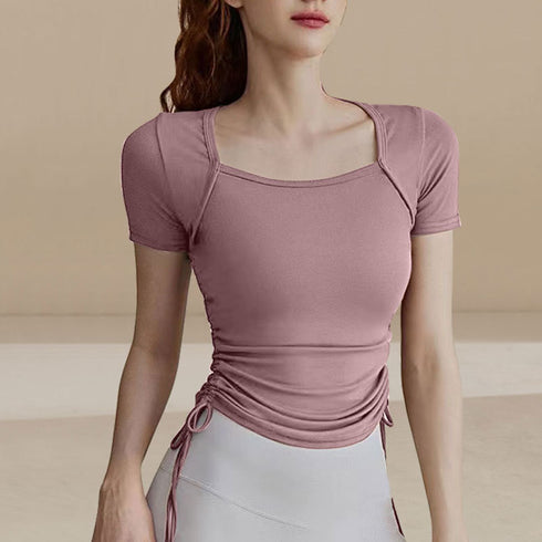 Women's Drawstring Stretch Short Sleeve Yoga T-Shirt