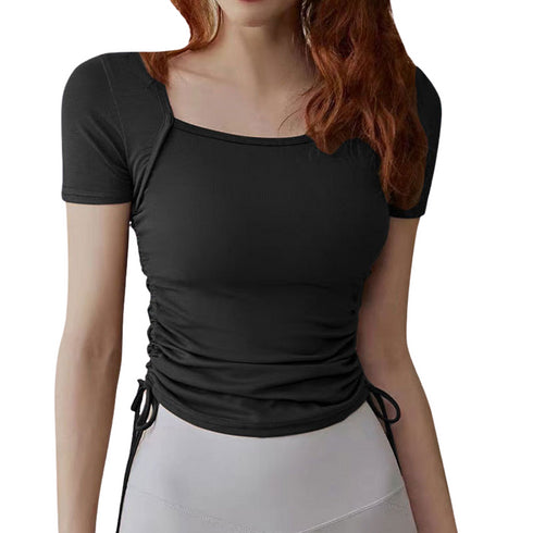 Women's Drawstring Stretch Short Sleeve Yoga T-Shirt