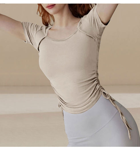 Women's Drawstring Stretch Short Sleeve Yoga T-Shirt