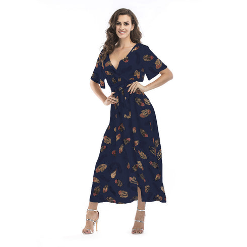 Women's Fashion Printed Beach Short Sleeve Long Dresses