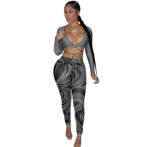 Women's Fashion Sexy Mesh Print Two Piece Outfits Set