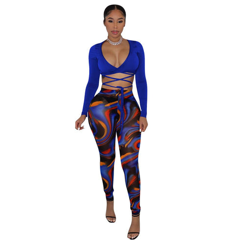 Women's Fashion Sexy Mesh Print Two Piece Outfits Set