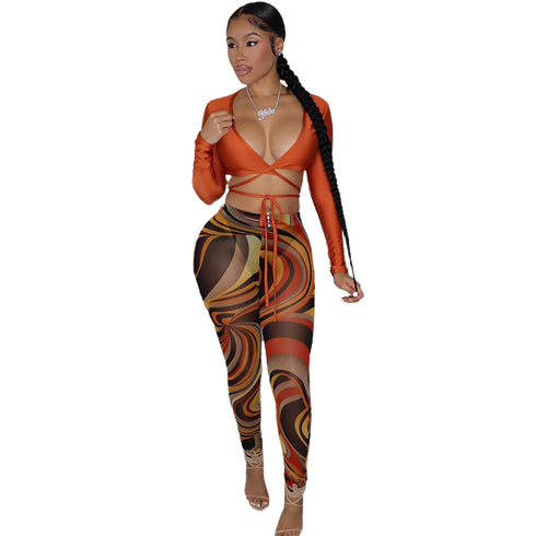 Women's Fashion Sexy Mesh Print Two Piece Outfits Set