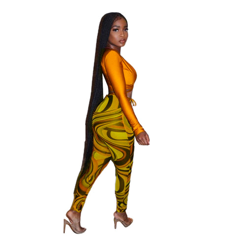 Women's Fashion Sexy Mesh Print Two Piece Outfits Set