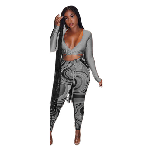 Women's Fashion Sexy Mesh Print Two Piece Outfits Set