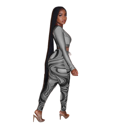 Women's Fashion Sexy Mesh Print Two Piece Outfits Set