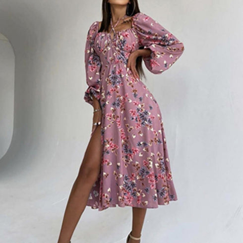 Women's Fashion Trend Print Square Neck Slit Dresses