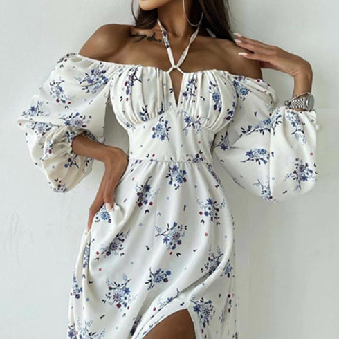 Women's Fashion Trend Print Square Neck Slit Dresses