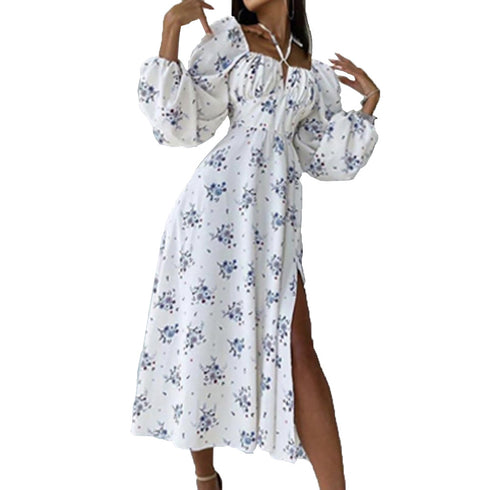 Women's Fashion Trend Print Square Neck Slit Dresses