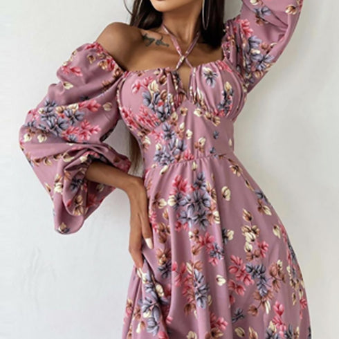 Women's Fashion Trend Print Square Neck Slit Dresses