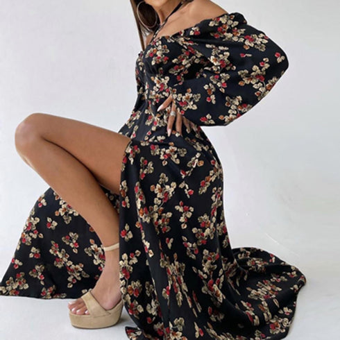 Women's Fashion Trend Print Square Neck Slit Dresses