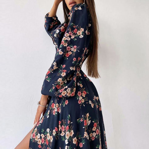Women's Fashion Trend Print Square Neck Slit Dresses