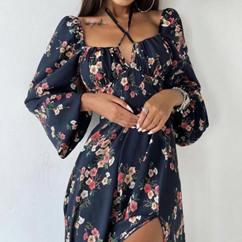 Women's Fashion Trend Print Square Neck Slit Dresses