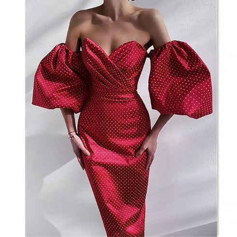 Women's Fashion Wrap Breast Bud Sleeve Polka-dot Dresses