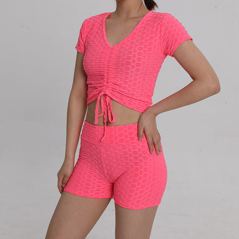 Women's Fitness Sport Drawstring T-shirt Yoga Shorts Suits