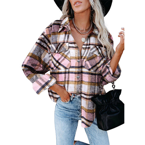 Women's Flannel Plaid Jacket Button Shirts Coats