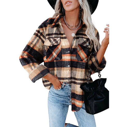Women's Flannel Plaid Jacket Button Shirts Coats