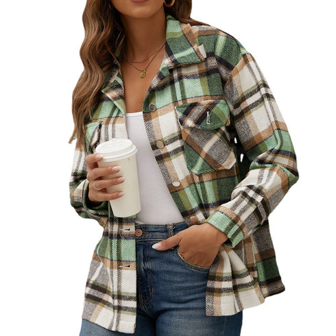 Women's Flannel Plaid Jacket Button Shirts Coats