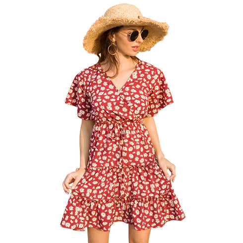 Women's Floral Dress V-neck Casual French Dresses