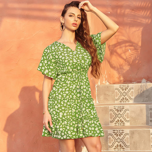 Women's Floral Dress V-neck Casual French Dresses