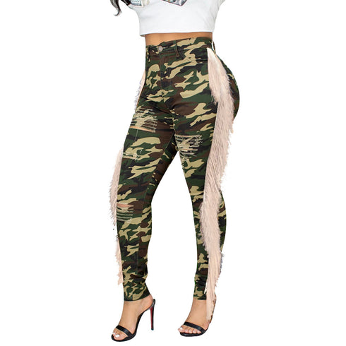 Women's Fringed Ripped Jeans Camo Pencil Pants