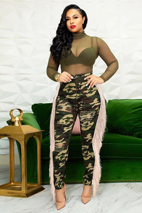 Women's Fringed Ripped Jeans Camo Pencil Pants