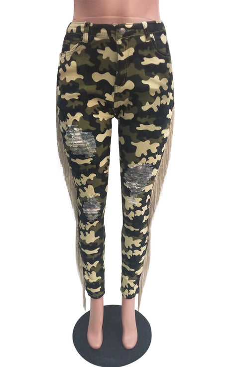 Women's Fringed Ripped Jeans Camo Pencil Pants