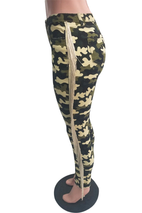 Women's Fringed Ripped Jeans Camo Pencil Pants