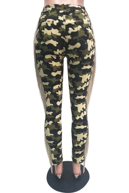 Women's Fringed Ripped Jeans Camo Pencil Pants