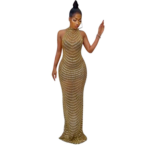 Women's Glitter Backless Bodycon Maxi Long Dresses