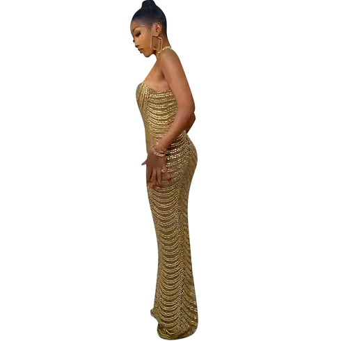 Women's Glitter Backless Bodycon Maxi Long Dresses