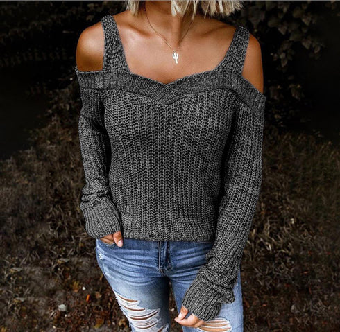Women's Halter Belt Off Shoulder Casual Long Sleeve Sweater