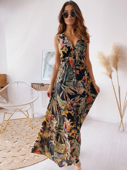 Women's Halter Printed Strappy Backless Long Dress