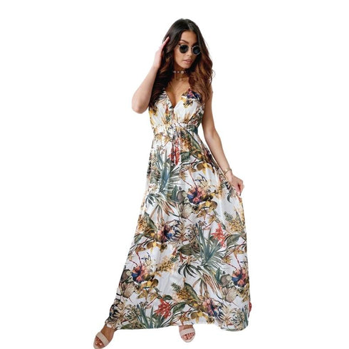 Women's Halter Printed Strappy Backless Long Dress