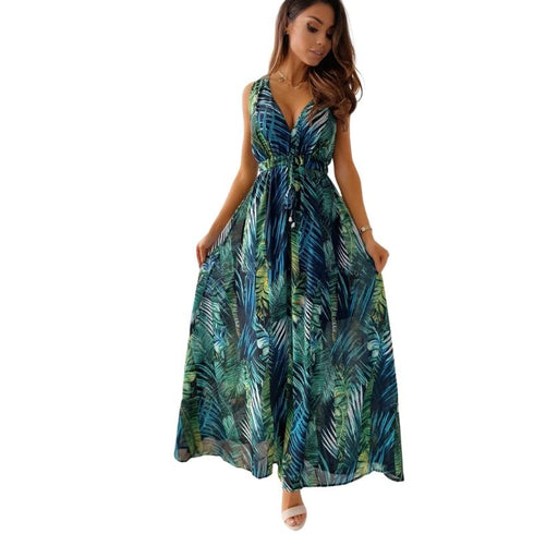 Women's Halter Printed Strappy Backless Long Dress