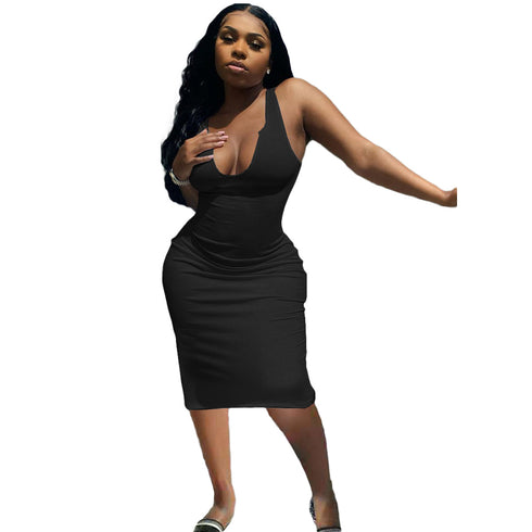 Women's Hip Wrap Deep U Neck Vest Strappy Dress