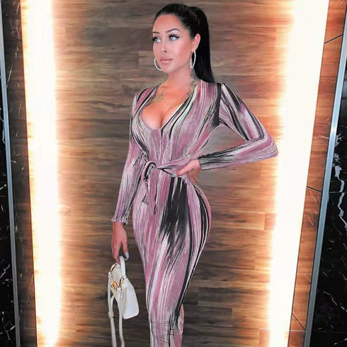 Women's Hip Wrap Print Long Sleeve Bodycon Dress