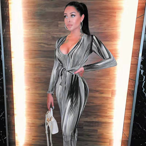 Women's Hip Wrap Print Long Sleeve Bodycon Dress