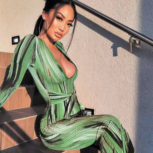 Women's Hip Wrap Print Long Sleeve Bodycon Dress