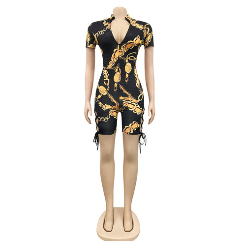 Women's Hollow Out Deep V Neck Leopard Rompers