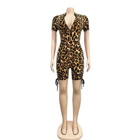 Women's Hollow Out Deep V Neck Leopard Rompers
