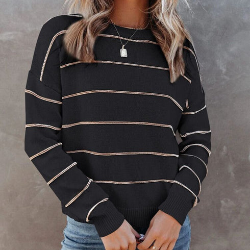 Women's Knit Tops Striped Long Sleeve Pullover Sweater