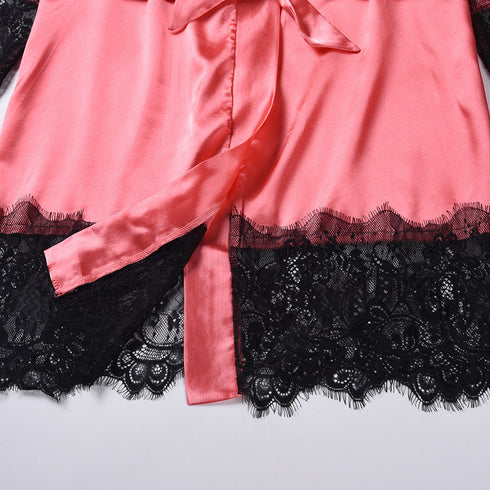Women's Lace Long Sleeve Nightwear Satin Pajama Dress