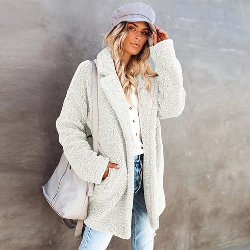 Women's Lapel Open Front Long Plush Coat Outwear