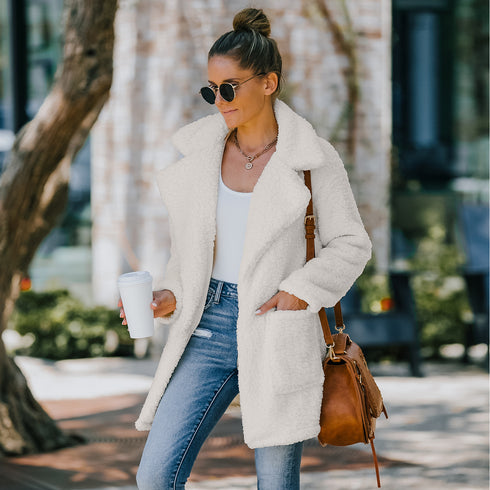 Women's Lapel Open Front Long Plush Coat Outwear