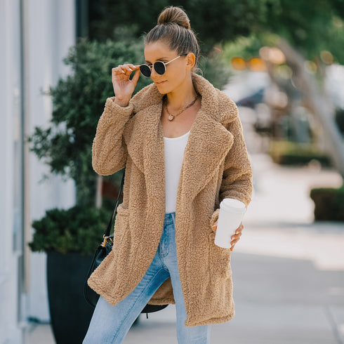 Women's Lapel Open Front Long Plush Coat Outwear