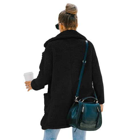 Women's Lapel Open Front Long Plush Coat Outwear