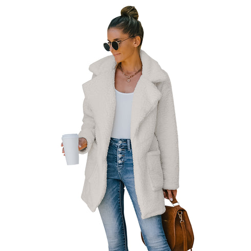 Women's Lapel Open Front Long Plush Coat Outwear