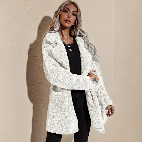 Women's Lapel Open Front Long Plush Coat Outwear